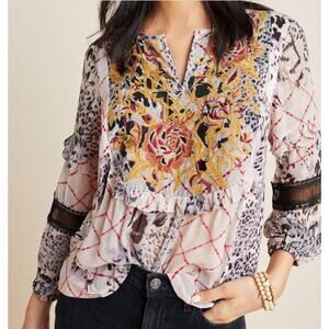 M by Anthropologie Black Print Embroidered Mathilda Top